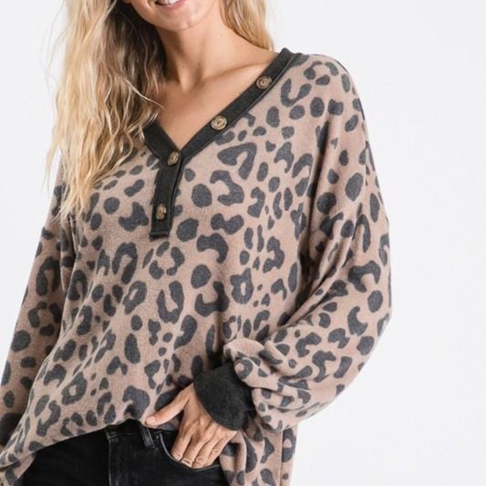 Animal Print V-Neck Top with Button Detail - Picture 1 of 6